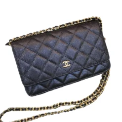 replicChanel Wallet on Chain Black Caviar T88571 with gold-tone CC logo